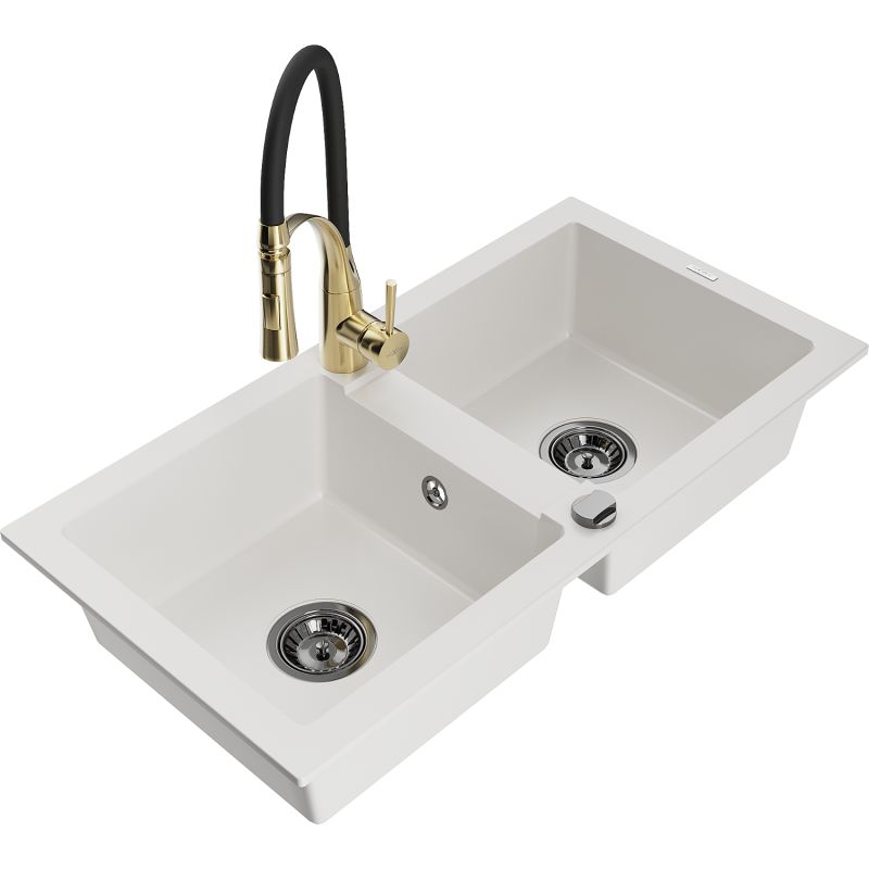 Zlewozmywak granitowy 2-komorowy Mexen Mario z baterią kuchenną Aster biały 6504-20-73450-57-B