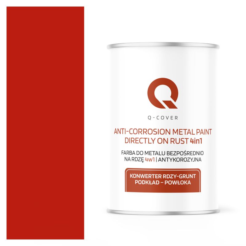 Farba do Metalu Prosto na Rdzę 4w1 Q-Cover Czerwony RAL3020 Wysoki Połysk 1L