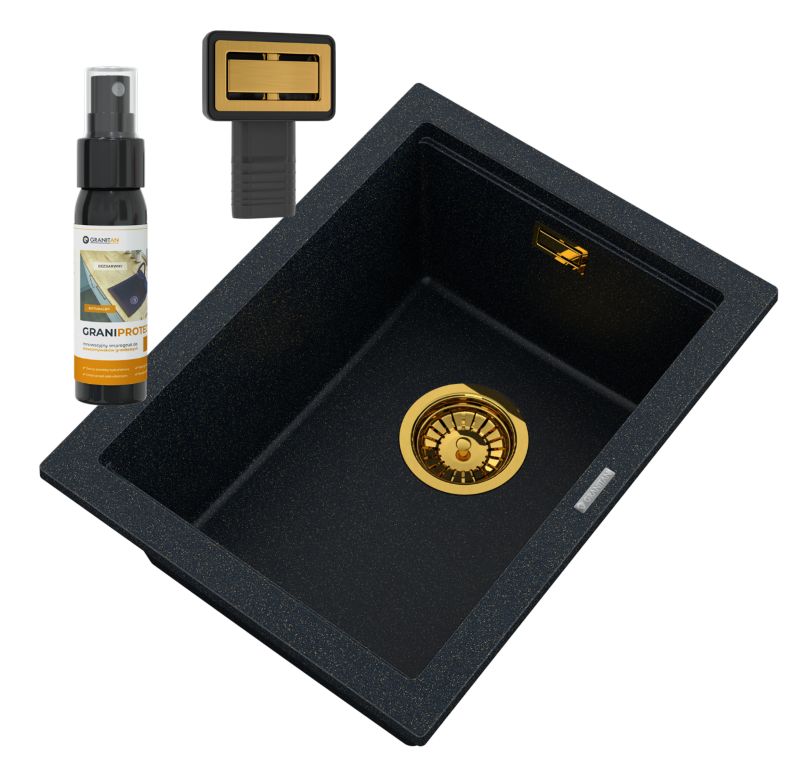 Zlewozmywak Granitowy Podwieszany Nablatowy Granitan Przelew Prostokątny Tuga38 Czarny z złotymi drobinkami 1 kpl.