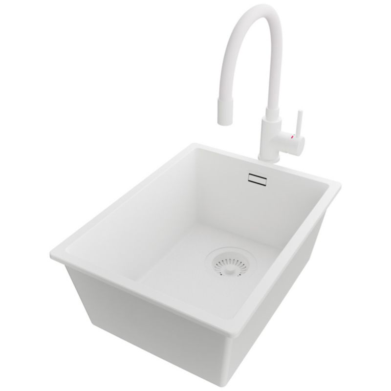 Zlewozmywak podblatowy Londyn PRIMAGRAN 36x47cm do szafki od 40cm, Cały Biały + Bateria 38x14cm + Syfon, S056, 1 szt.