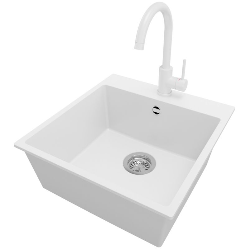 Zlewozmywak Granitowy Ryga PRIMAGRAN Nablatowy 48x50cm do szafki od 50cm, Biały + Bateria 32x20cm + Syfon, S227, 1 szt.