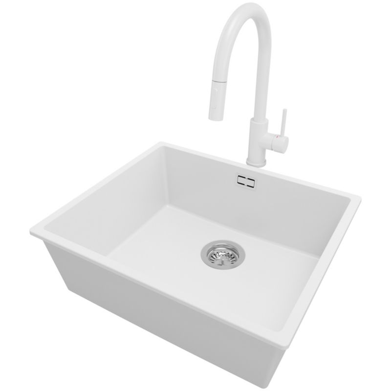 Zlewozmywak Granitowy Londyn Slim PRIMAGRAN Nablatowy 56x47cm do szafki od 60cm, Biały + Bateria 40x20cm + Syfon, S317, 1 szt.