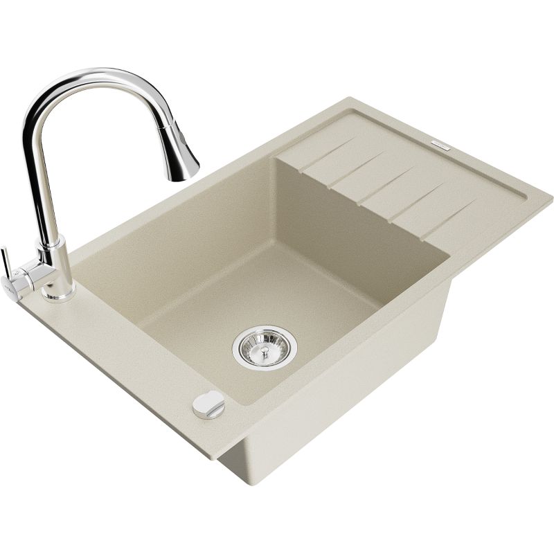 Zlewozmywak granitowy 1-komorowy Mexen Elias z ociekaczem i baterią kuchenną Elia beżowy - 6511-69-670101-69 1 szt.