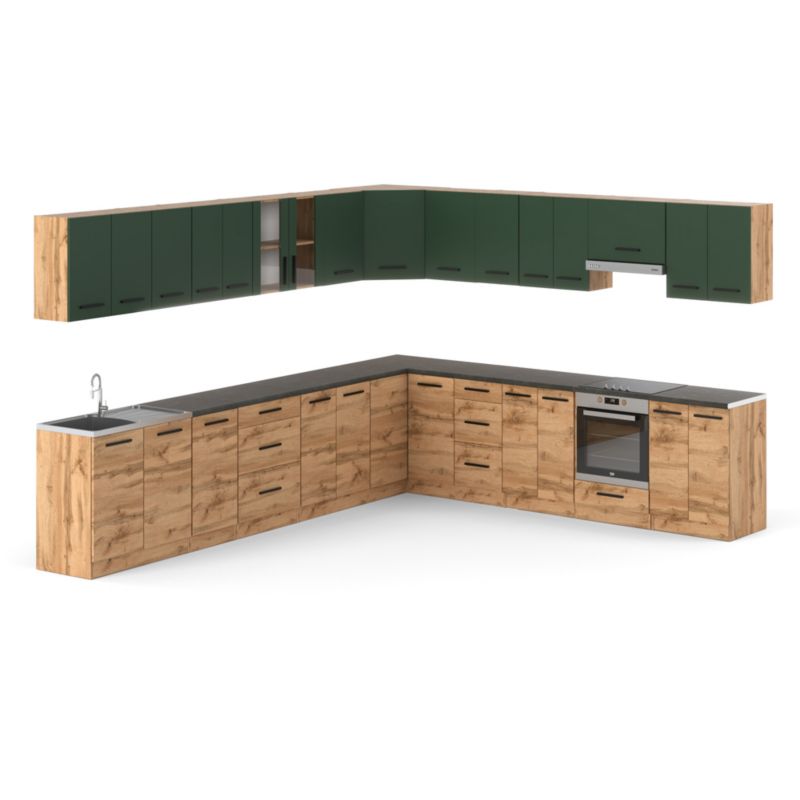 Zestaw Kuchenny Hurtownia-Mebli Z Blatem Kuchnia narożna Rossa 680cm Dąb Wotan Butelkowa Zieleń/Dąb Wotan 680x47x145 cm 1szt.