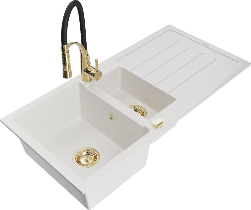 Zlewozmywak granitowy Mexen Andres 1,5-komorowy z ociekaczem i baterią kuchenną Aster biały 6515-20-73450-57-G