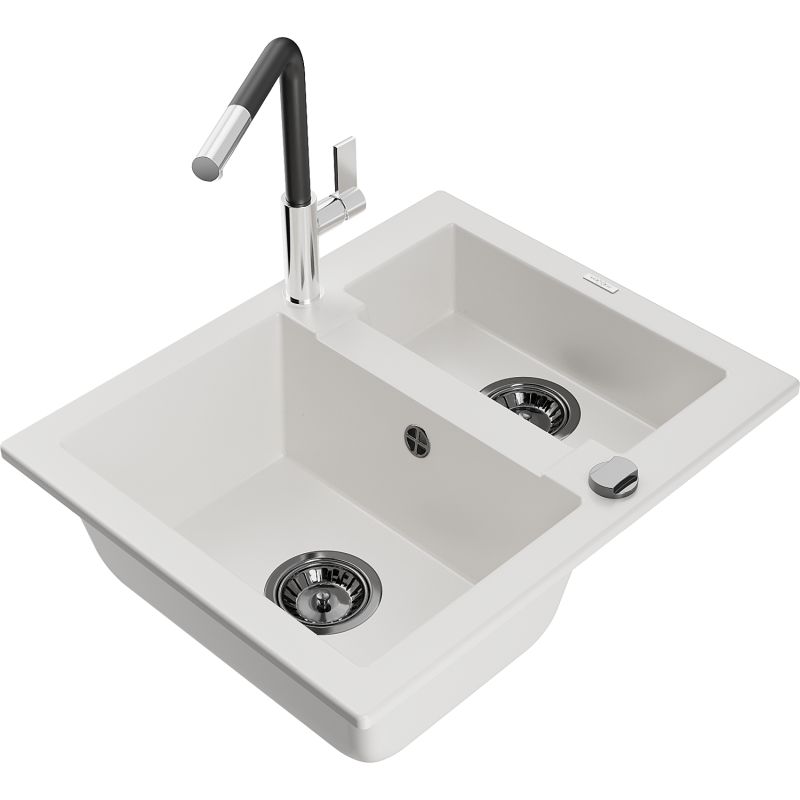 Zlewozmywak granitowy 1.5-komorowy Mexen Carlos z baterią kuchenną Flora biały 6518-20-670401-07-B
