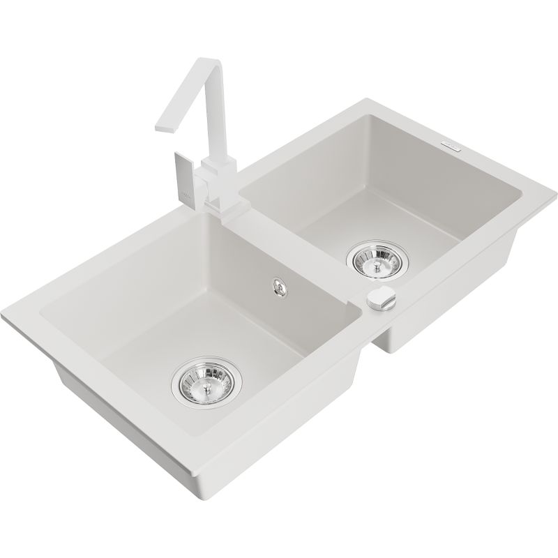 Zlewozmywak granitowy 2-komorowy Mexen Mario z baterią kuchenną Rita biały 6504-20-670300-20