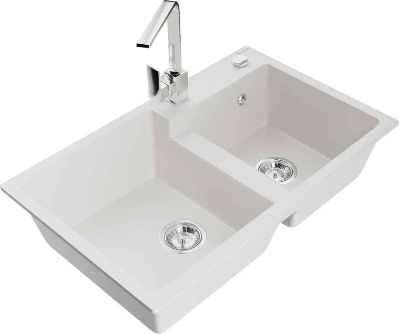 Zlewozmywak granitowy Mexen Tomas 2-komorowy z baterią kuchenną Savita biały - 6516-20-672601-50 1 szt.