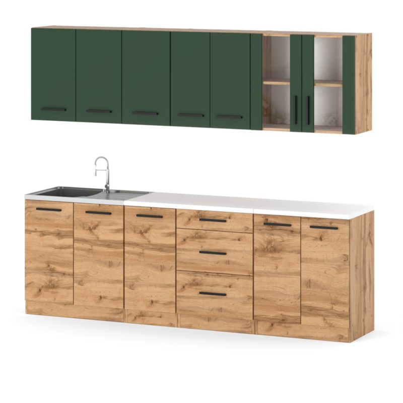 Zestaw Kuchenny Hurtownia-Mebli Z Blatem Kuchnia Remino 260cm Dąb Wotan Butelkowa Zieleń/Dąb Wotan 260x47x145 cm 1szt.