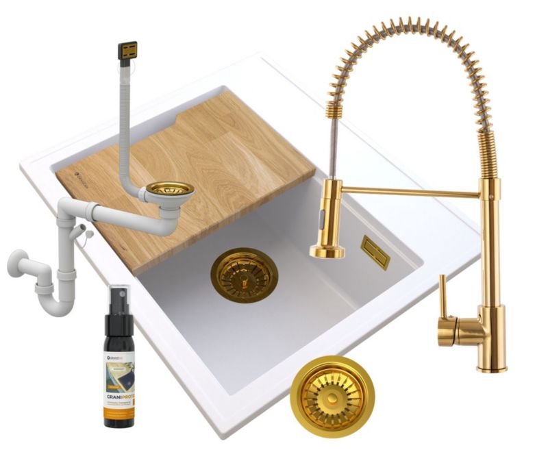 Zlewozmywak Granitowy Kuchenny Granitan Foxal Biały z Syfonem Złotym, Baterią i Deską 1kpl.