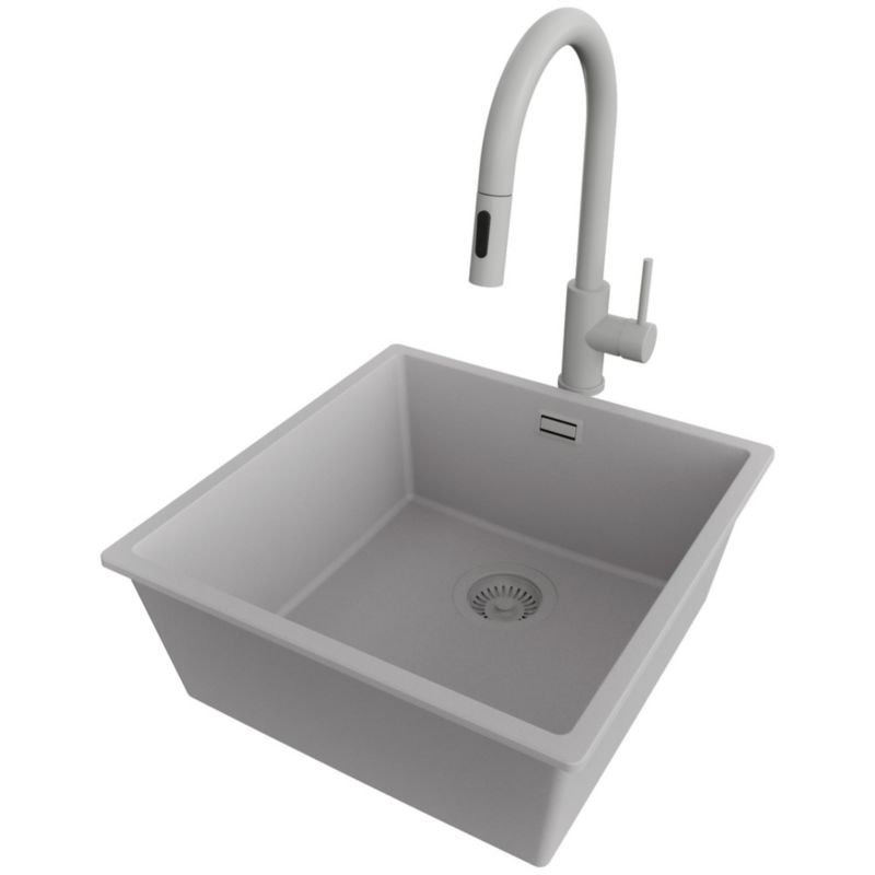 Zlewozmywak Granitowy Londyn Slim PRIMAGRAN Nablatowy 46x47cm do szafki od 50cm, Szary + Bateria 40x20cm + Syfon, S230, 1 szt.