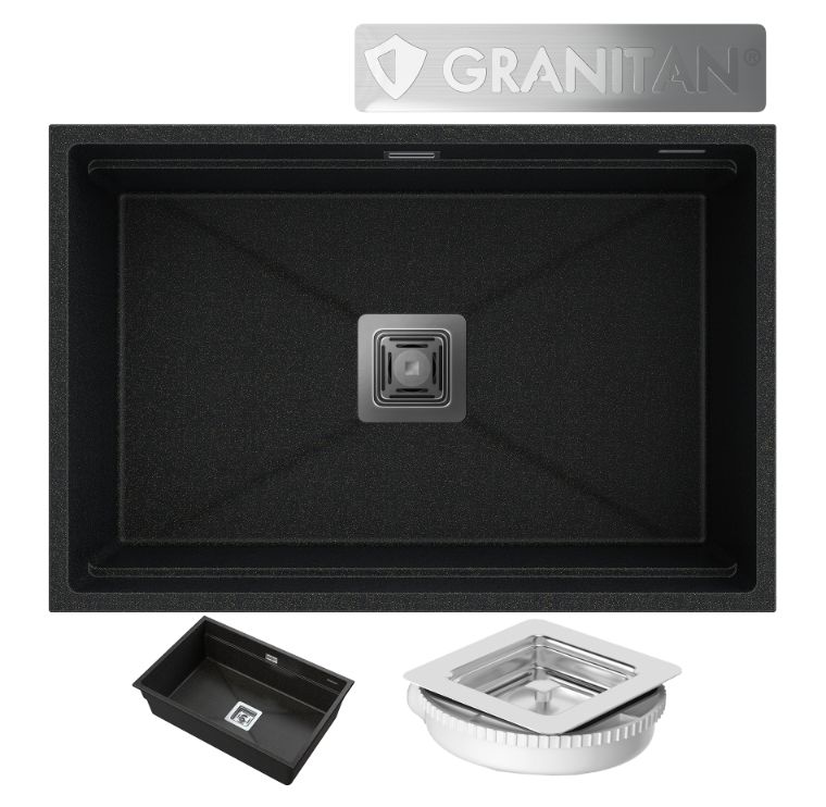 Zlewozmywak Podwieszany Granitowy Jednokomorowy Granitan Epir 70 Czarny z Drobinkami Złotego Syfon Kwadrat 1 kpl.