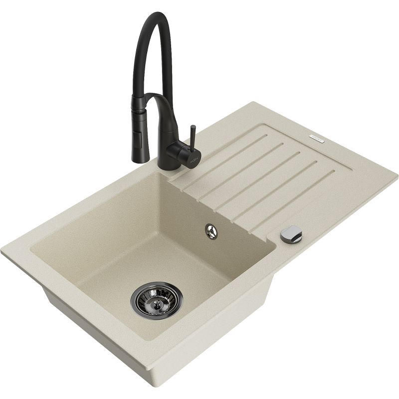 Zlewozmywak granitowy 1-komorowy Mexen Pablo z ociekaczem i baterią kuchenną Aster biały - 6510-20-73450-70-B 1 szt.