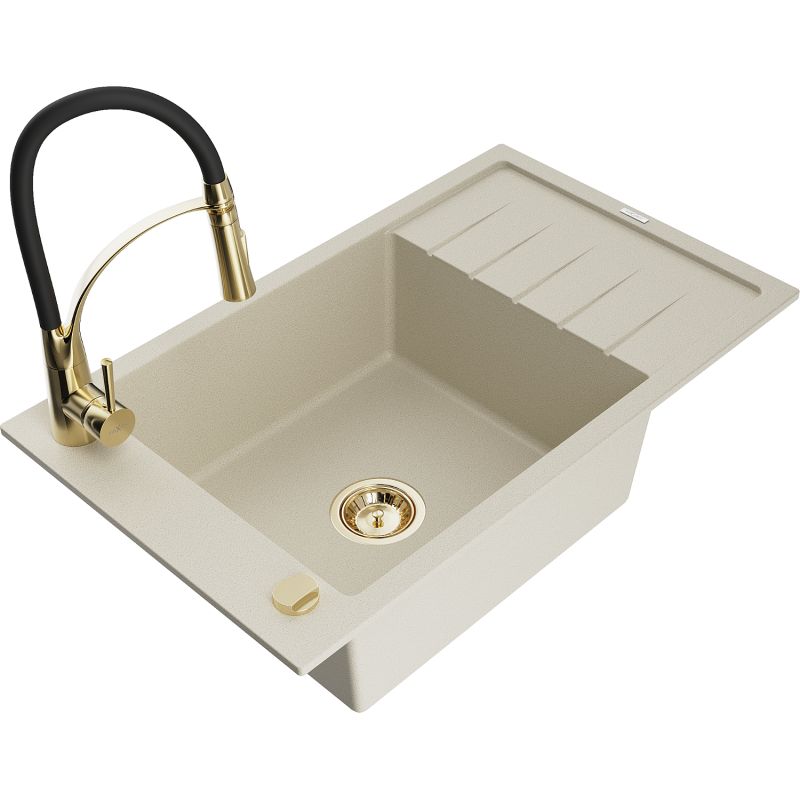 Zlewozmywak granitowy 1-komorowy Mexen Elias z ociekaczem i baterią kuchenną Aster beżowy - 6511-69-73450-57-B 1 szt.