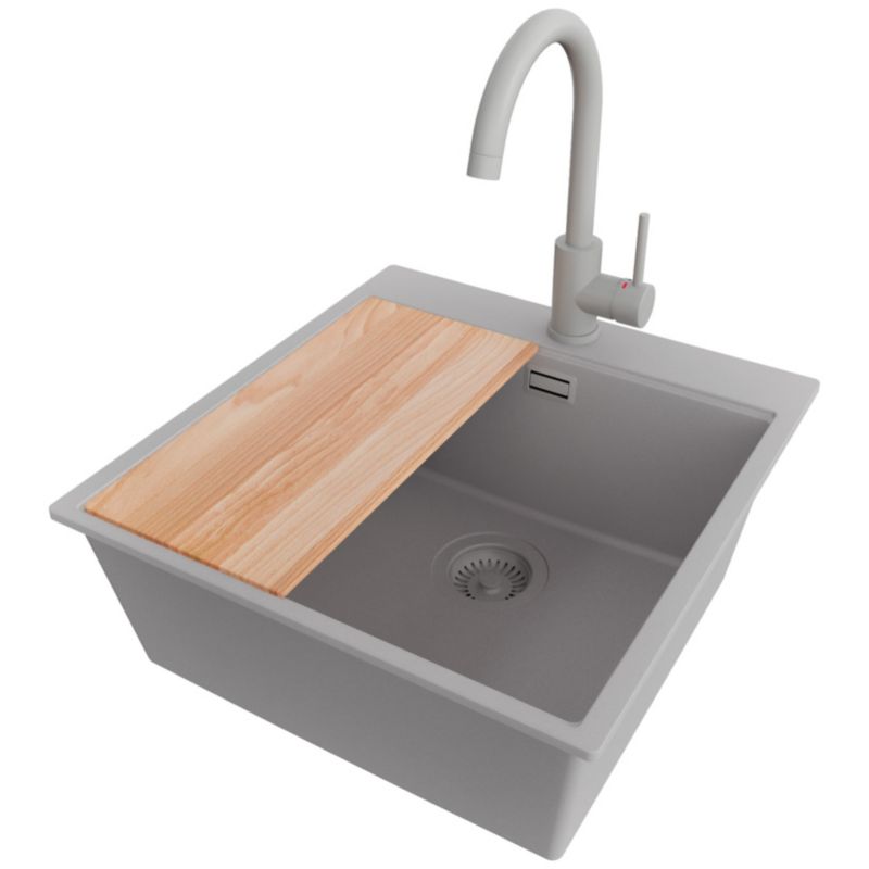 Zlewozmywak Granitowy Oslo PRIMAGRAN Nablatowy 48x50cm do szafki od 50cm, Szary + Bateria 32x20cm + Syfon + Deska, S308, 1 szt.