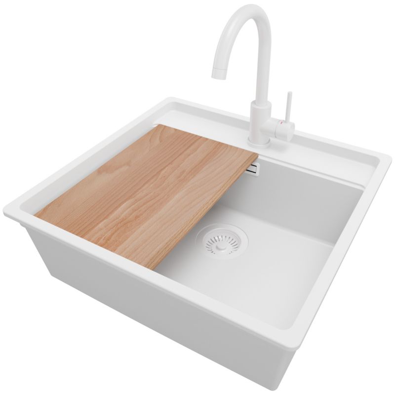 Zlewozmywak podblatowy Bergen PRIMAGRAN 56x53cm do szafki od 60cm, Cały Biały + Bateria 32x20cm + Syfon + Deska, S086, 1 szt.