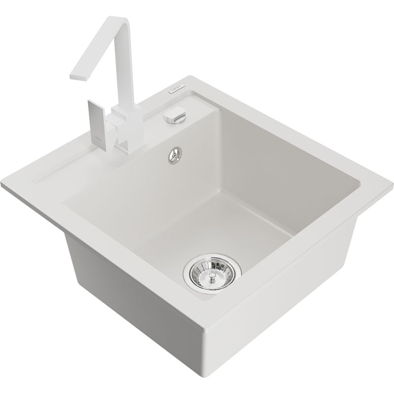 Zlewozmywak granitowy 1-komorowy Mexen Vito z baterią kuchenną Rita biały 6503-20-670300-20