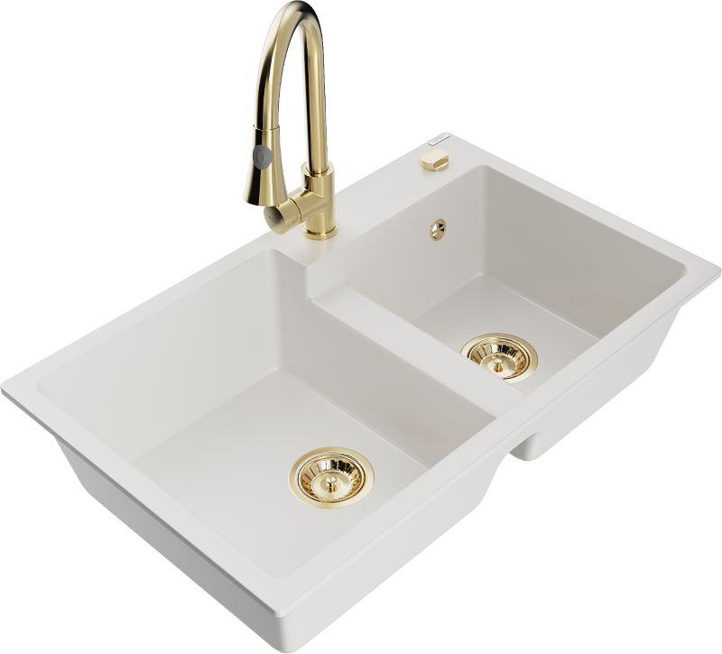 Zlewozmywak granitowy Mexen Tomas 2-komorowy z baterią kuchenną Elia biały - 6516-20-670101-00 1 szt.