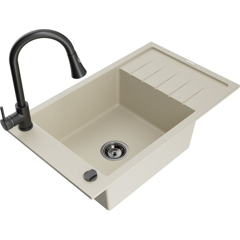 Zlewozmywak granitowy 1-komorowy Mexen Elias z ociekaczem i baterią kuchenną Elia biały - 6511-20-670101-70 1 szt.