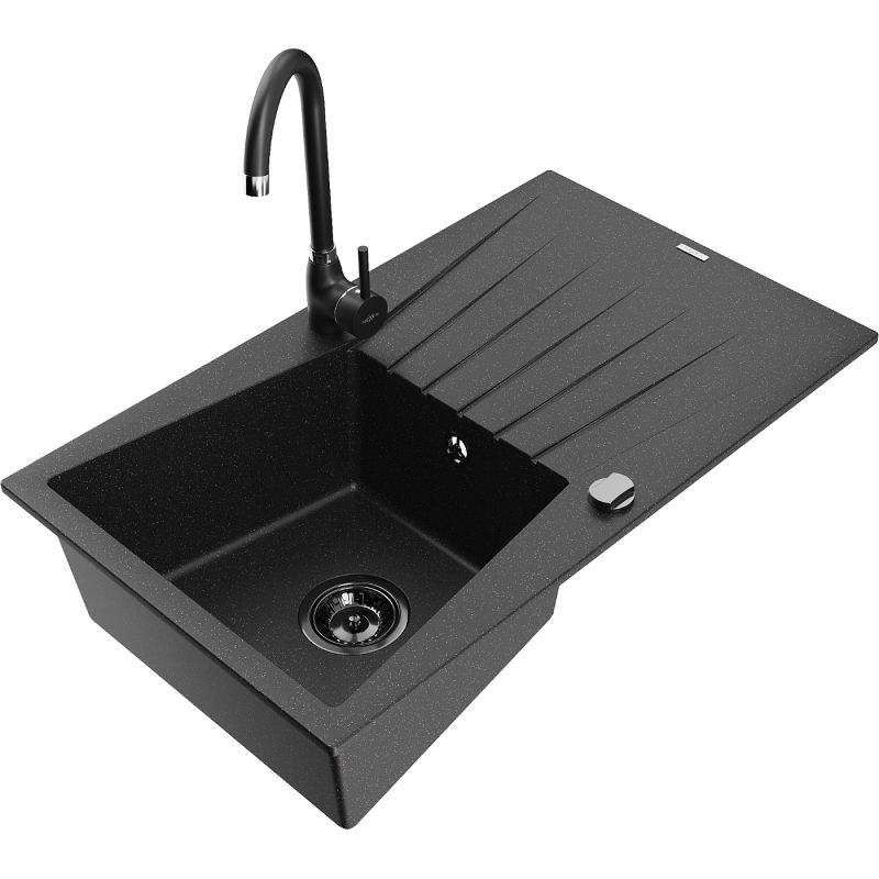 Zlewozmywak granitowy 1-komorowy Mexen Cesar z ociekaczem i baterią kuchenną Telma czarny/srebrny 6514-73-670200-70-B