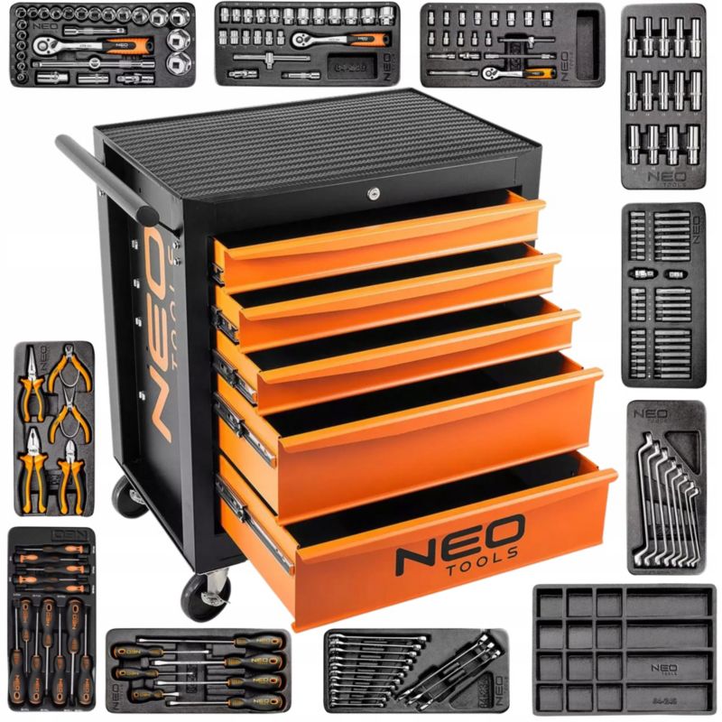 Szafka narzędziowa NEO TOOLS wózek narzędziowy z wyposażeniem 169 el. 5 Szuflad 1 kpl