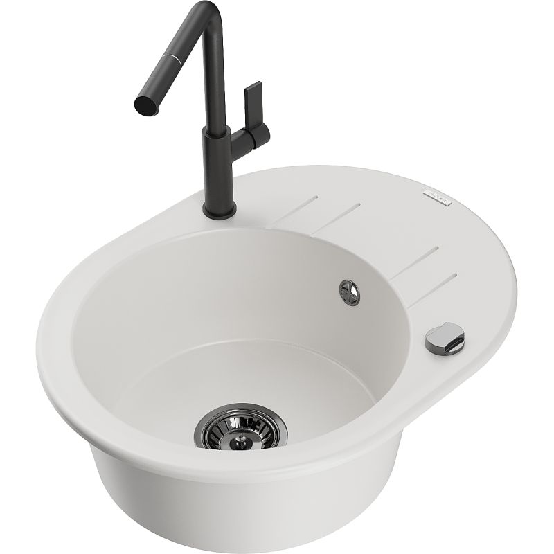 Zlewozmywak granitowy 1-komorowy Mexen Kevin z ociekaczem i baterią kuchenną Flora czarny - 6517-77-670401-00 1 szt.