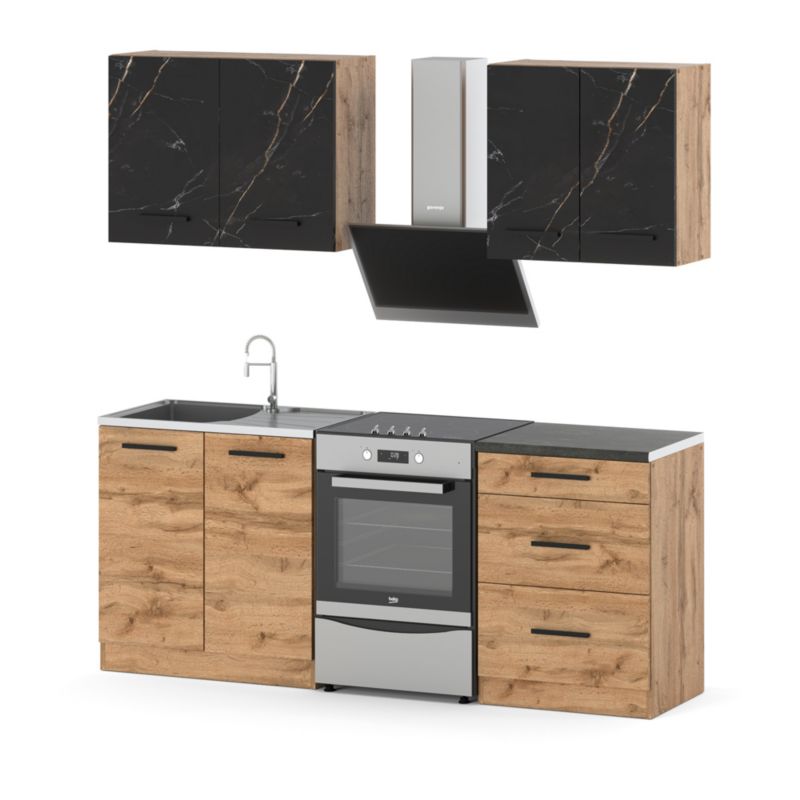 Zestaw Kuchenny Hurtownia-Mebli Z Blatem Kuchnia Mini Mokka 200cm Dąb Wotan San Sebastian/Dąb Wotan 200x47x145 cm 1szt.