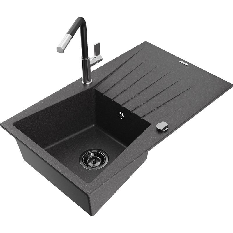 Zlewozmywak granitowy 1-komorowy Mexen Cesar z ociekaczem i baterią kuchenną Flora czarny nakrapiany 6514-76-670401-07-B