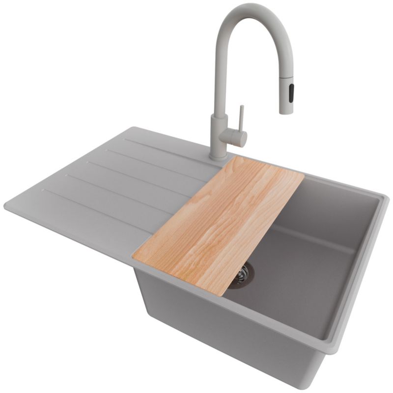 Zlewozmywak Granitowy Kopenhaga PRIMAGRAN Nablatowy 78x50cm do szafki od 50cm, Szary + Bateria + Syfon + Deska, S549, 1 szt.