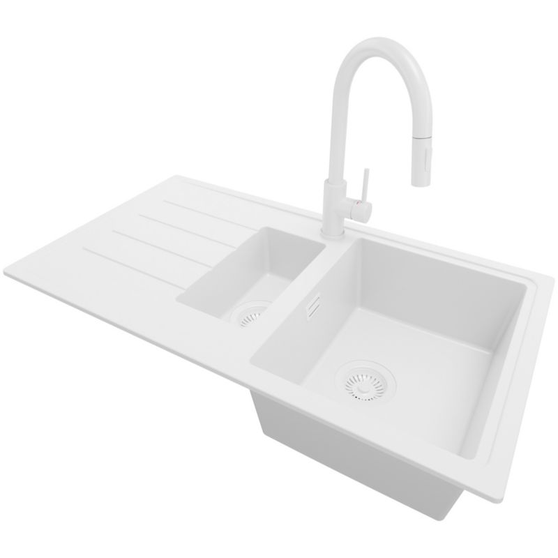 Zlewozmywak Granitowy Kopenhaga Duo PRIMAGRAN Nablatowy 90x50cm do szafki od 60cm, Cały Biały + Bateria + Syfon, S022, 1 szt.