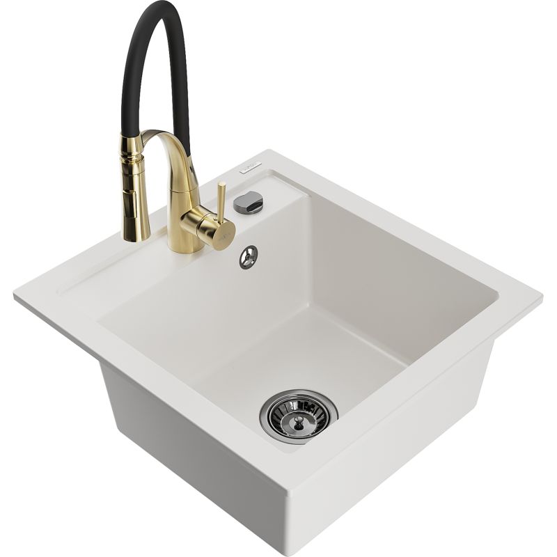 Zlewozmywak granitowy 1.5-komorowy Mexen Matias z ociekaczem i baterią kuchenną Aster biały 6502-20-73450-57-B