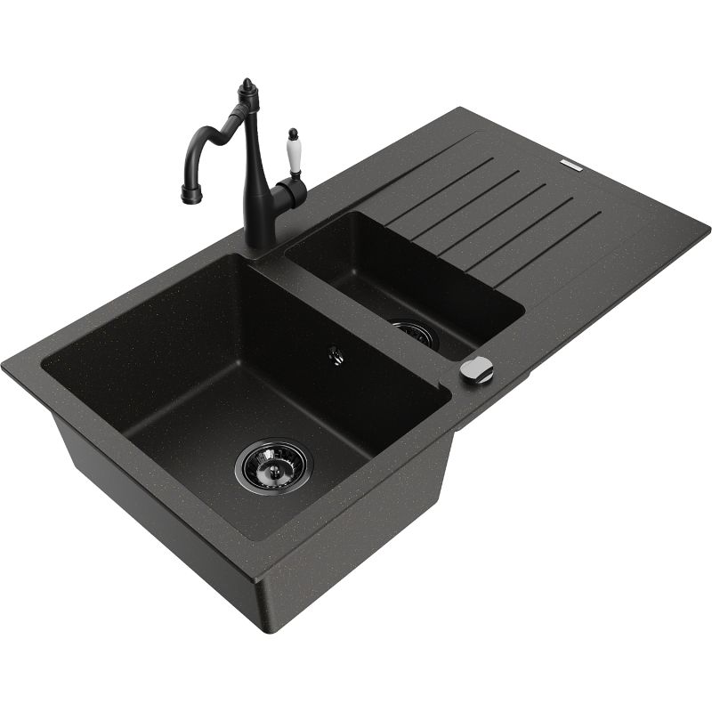 Zlewozmywak granitowy 1.5-komorowy Mexen Matias z ociekaczem i baterią kuchenną Carla szary - 6502-71-670700-71 1 szt.