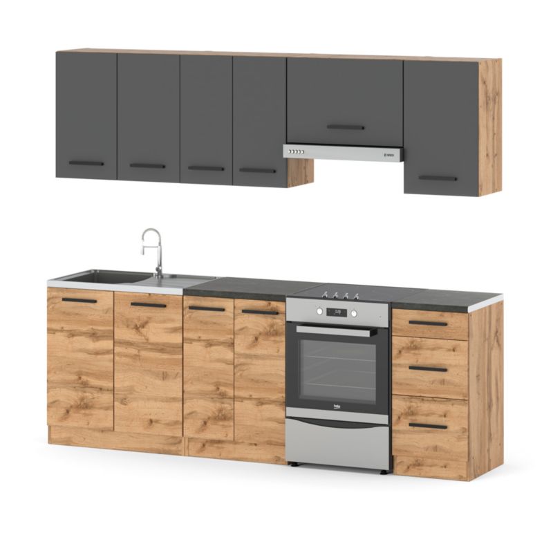 Zestaw Kuchenny Hurtownia-Mebli Z Blatem Kuchnia Mokka 240cm Dąb Wotan Szary Mat/Dąb Wotan 240x47x145 cm 1szt.