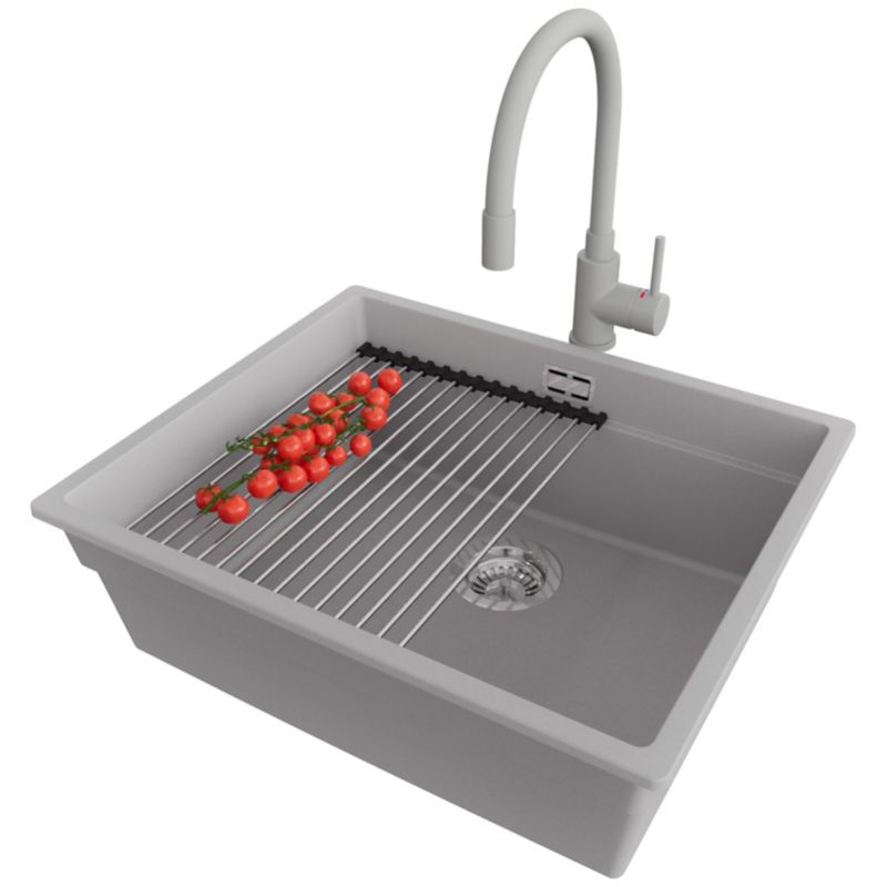 Zlewozmywak Granitowy Praga Slim PRIMAGRAN Nablatowy 56x47cm, Szary + Bateria + Syfon + Akcesorium, S295, 1 szt.