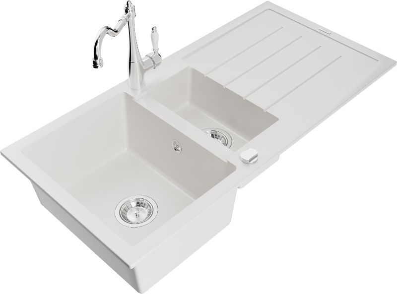 Zlewozmywak granitowy Mexen Andres 1,5-komorowy z ociekaczem i baterią kuchenną Carla biały 6515-20-670700-00