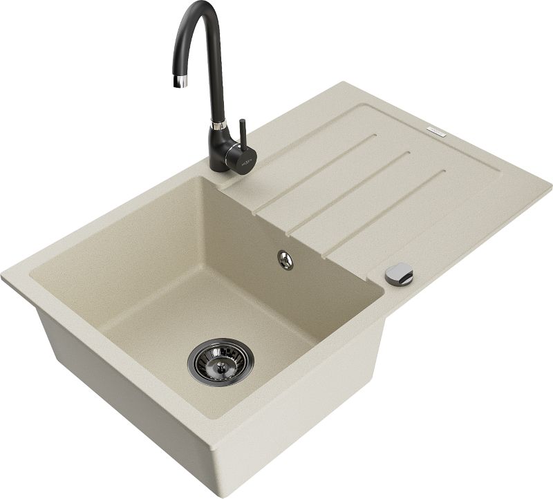 Zlewozmywak granitowy Mexen Bruno 1-komorowy z ociekaczem i baterią kuchenną Telma beżowy - 6513-69-670200-50 1 szt.