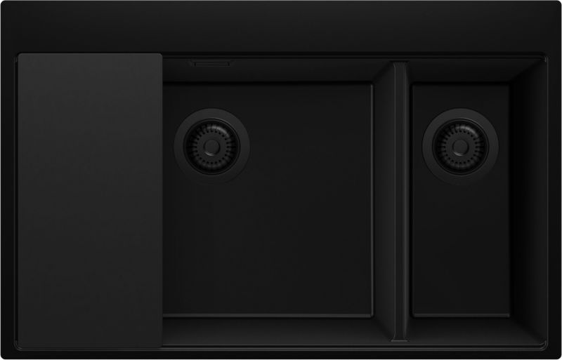 Zlewozmywak Oslo Duo PRIMAGRAN Nablatowy 78x50cm do szafki od 80cm, Cały Czarny + Syfon + Deska, S107, 1 szt.