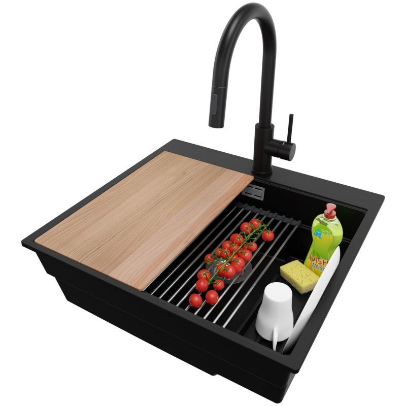 Zlewozmywak Granitowy Oslo Max PRIMAGRAN Nablatowy 58x53cm do szafki od 60cm, Czarny + Bateria + Syfon + Akcesoria, S045, 1 szt.