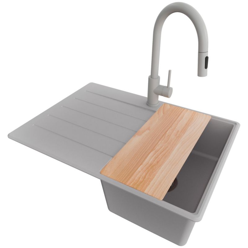 Zlewozmywak Granitowy Kopenhaga PRIMAGRAN Nablatowy 70x50cm do szafki od 40cm, Szary + Bateria + Syfon + Deska, S173, 1 szt.