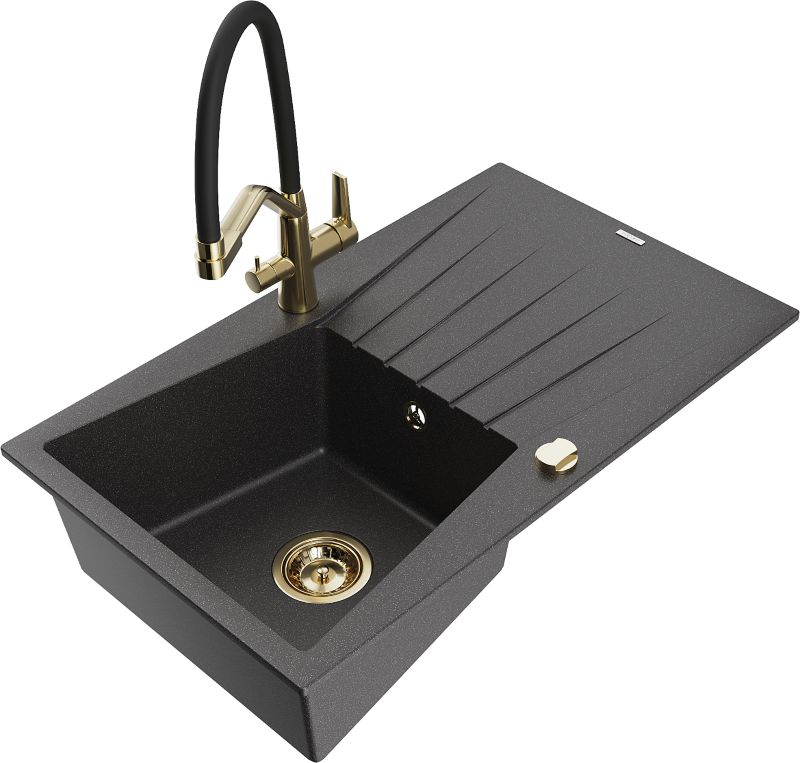 Zlewozmywak granitowy Mexen Cesar 1-komorowy z ociekaczem i baterią kuchenną Duo czarny 6514-76-671701-57-G