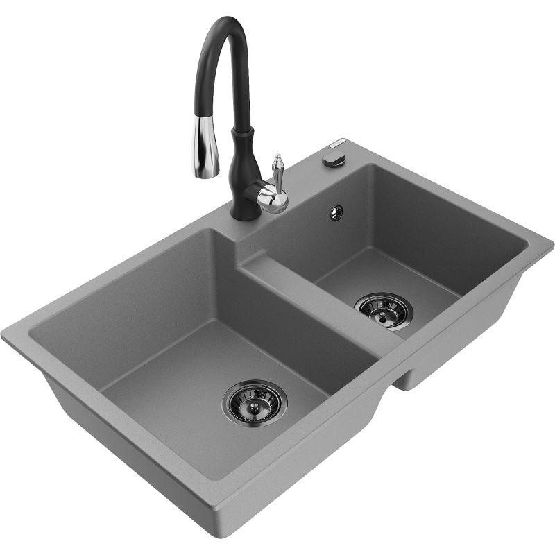 Zlewozmywak granitowy 2-komorowy Mexen Tomas z baterią kuchenną Savita szary - 6516-71-672601-50 1 szt.