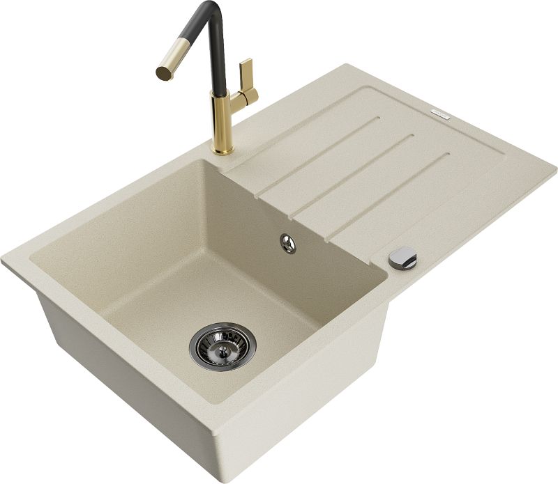 Zlewozmywak granitowy Mexen Bruno 1-komorowy z ociekaczem i baterią kuchenną Flora beżowy - 6513-69-670401-00 1 szt.