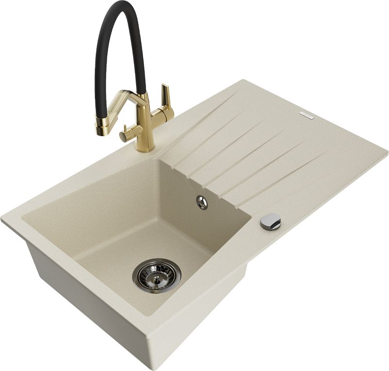 Zlewozmywak granitowy Mexen Cesar 1-komorowy z ociekaczem i baterią kuchenną Duo biały - 6514-20-671701-57-B 1 szt.