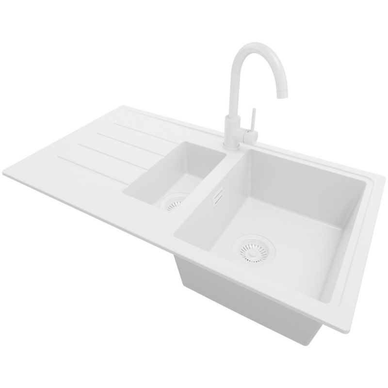 Zlewozmywak Granitowy Kopenhaga Duo PRIMAGRAN Nablatowy 90x50cm do szafki od 60cm, Cały Biały + Bateria + Syfon, S014, 1 szt.