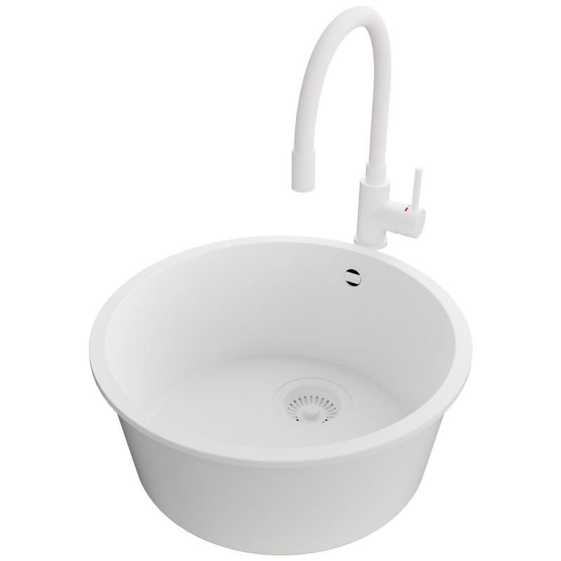 Zlewozmywak Granitowy Okrągły Valetta Slim PRIMAGRAN Nablatowy 46x46cm, Cały Biały + Bateria + Syfon, S030, 1 szt.