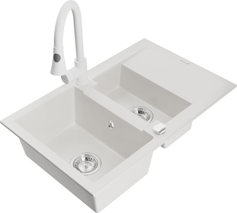 Zlewozmywak granitowy Mexen Gaspar 1,5-komorowy z ociekaczem i baterią kuchenną Elia biały 6507-20-670101-20