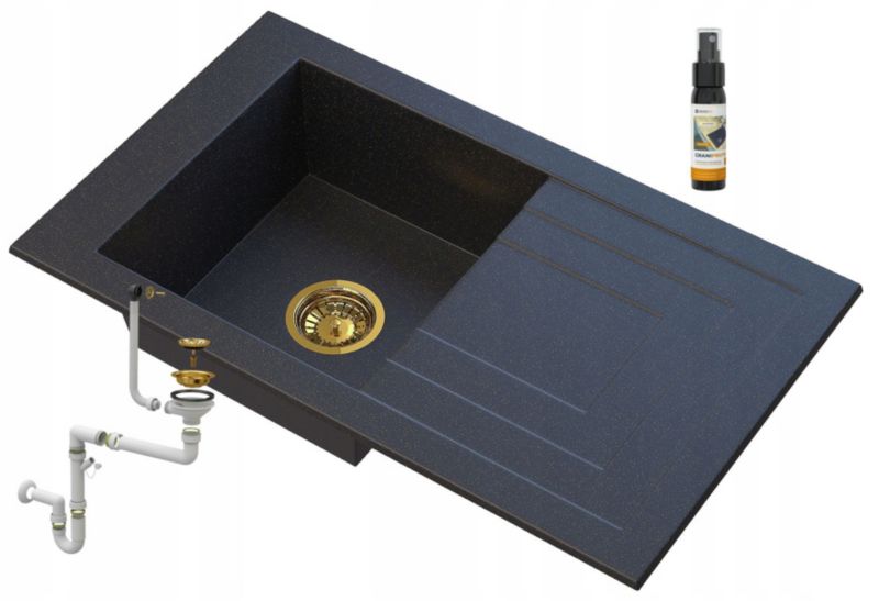 Zlewozmywak Granitowy Granitan Jednokomorowy Z Ociekaczem Lila Czarny Z Złotymi Drobinkami Syfon Złoty 1 Kpt.