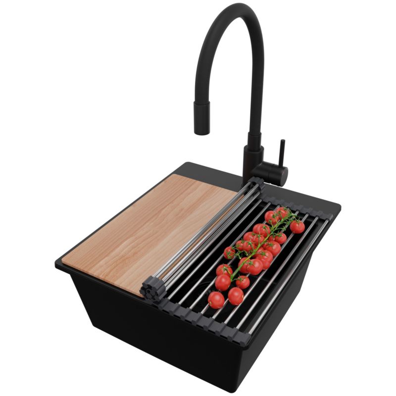 Zlewozmywak Granitowy Ryga Easy PRIMAGRAN Nablatowy 38x44cm do szafki od 40cm z Syfonem i Baterią i Dodatkiem Cały Czarny 1 szt.