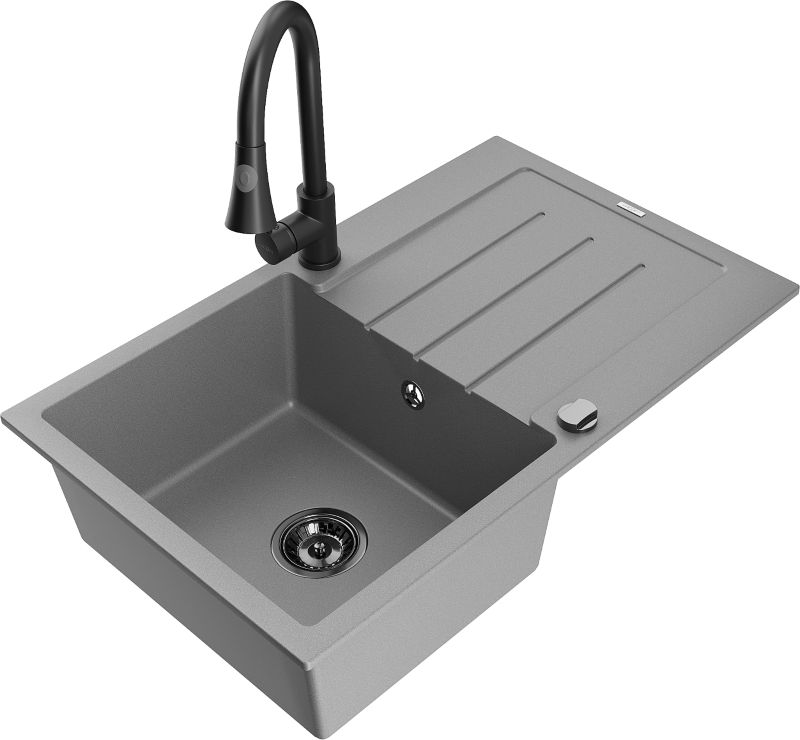 Zlewozmywak granitowy Mexen Bruno 1-komorowy z ociekaczem i baterią kuchenną Elia szary 6513-71-670101-70-B