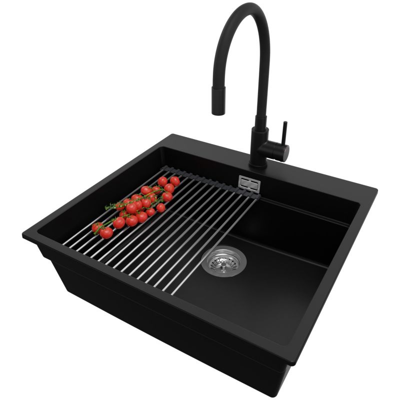 Zlewozmywak Granitowy Oslo Max PRIMAGRAN Nablatowy 58x53cm do szafki od 60cm, Czarny + Bateria + Syfon + Akcesorium, S169, 1 szt.